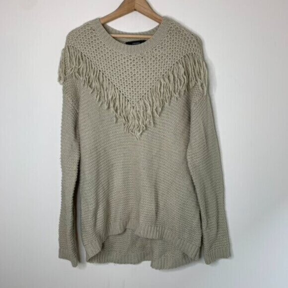 Forever 21 Chunky Knit Sweater Pullover beige Fringe detail Size Medium - Picture 6 of 16